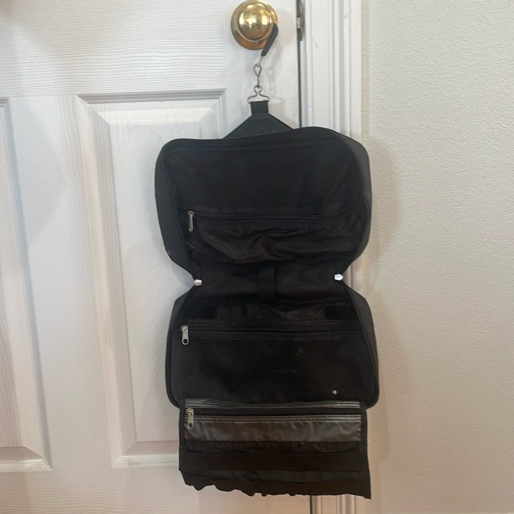 Cosmetic toiletry travel organizer double zipper compartments pockets hanger